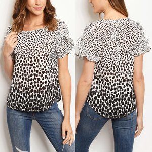 White Black Leopard Ruffle Short Sleeves Blouse